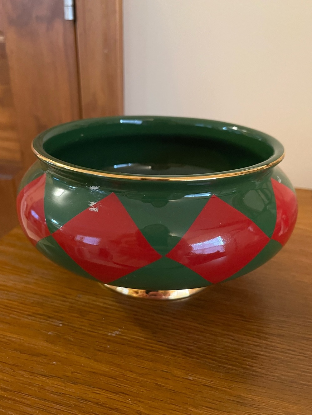 Green and Red Holiday Ceramic Bowl - Festive Table Accent